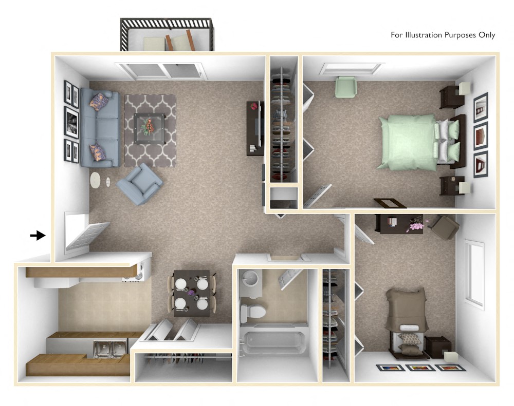 Floor plan for 2 beds, 1 bath, 680 sqft